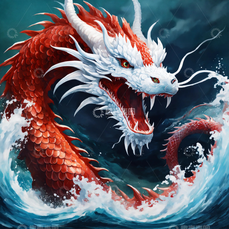 高清大图下载【趣麦麦图】水龙威严白红交融海洋油画笔触细致AI插画2