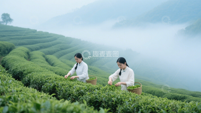 高清大图下载【趣麦麦图】茶山采茶梯田盛景3