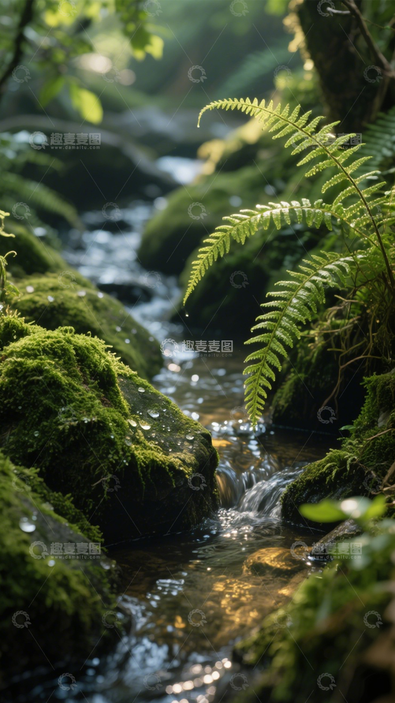 高清大图下载【趣麦麦图】溪流苔藓蕨类幽境1