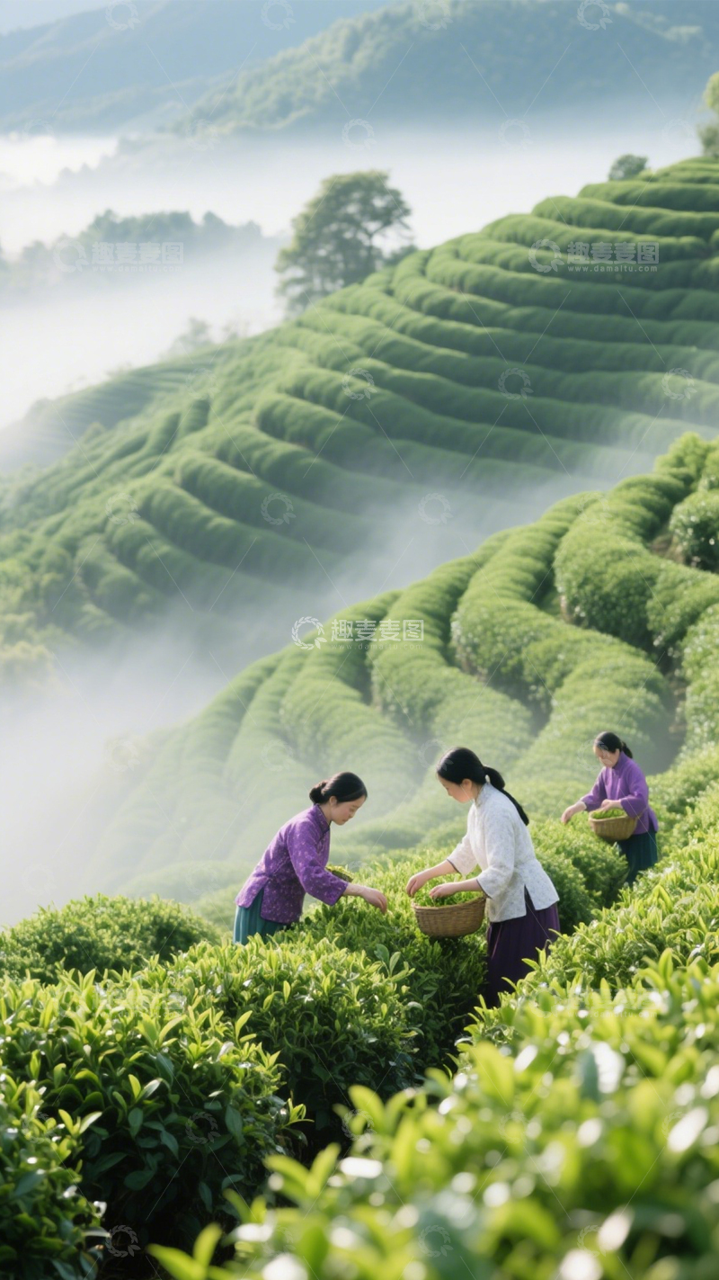 高清大图下载【趣麦麦图】茶山采茶梯田盛景2