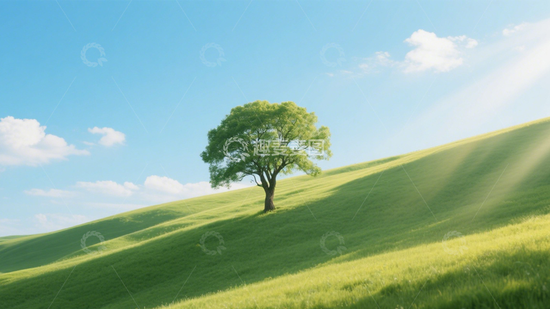 高清大图下载【趣麦麦图】孤树绿坡宁静胜景3