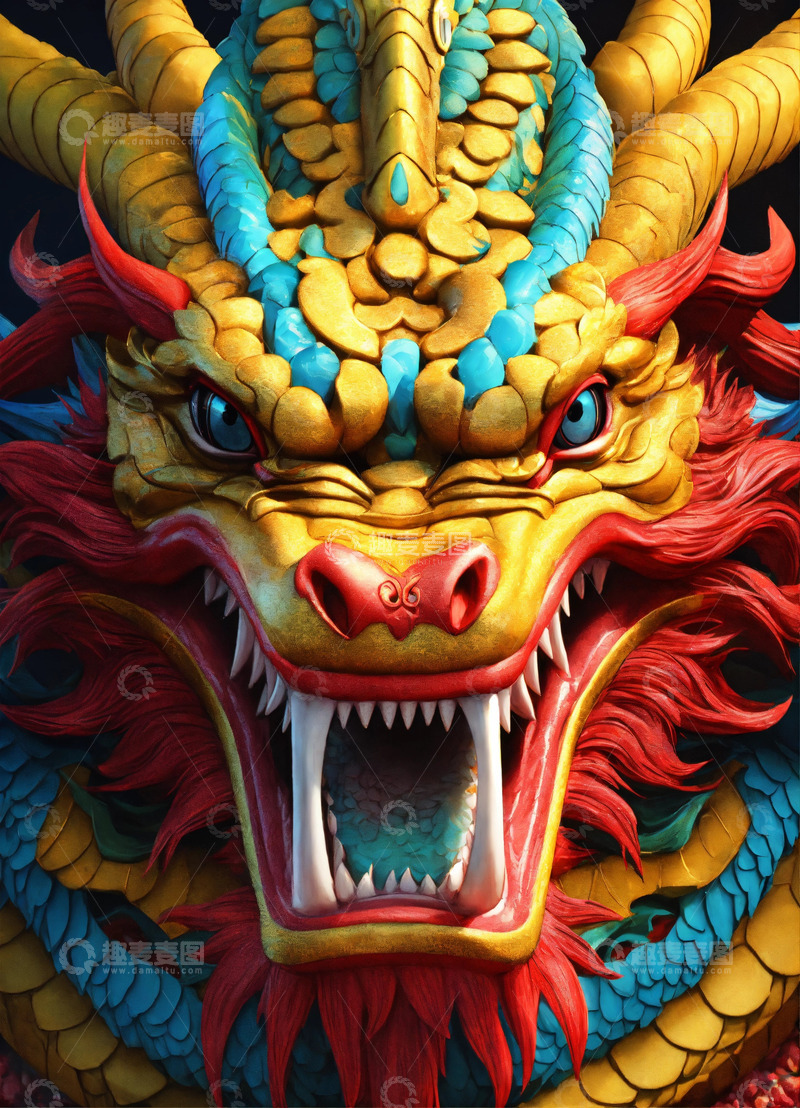 高清大图下载【趣麦麦图】中国龙画像细致色彩鲜艳AI插画高清图片素1