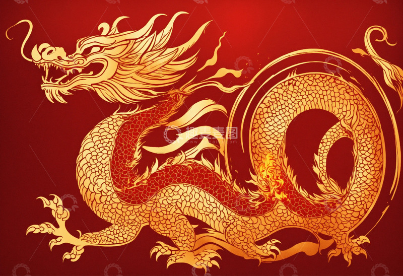 高清大图下载【趣麦麦图】简约龙哥特风格赤金火龙御焰凌霄AI插画图