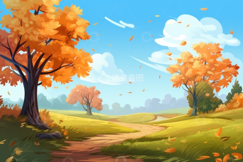 高清大图下载【趣麦麦图】卡通简约秋季树林自然风景