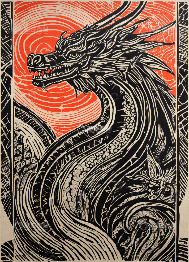 高清大图下载【趣麦麦图】木刻龙纹线条粗犷黑白分明AI插画高清图片1