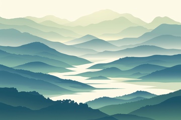 手绘水彩远山薄雾风景