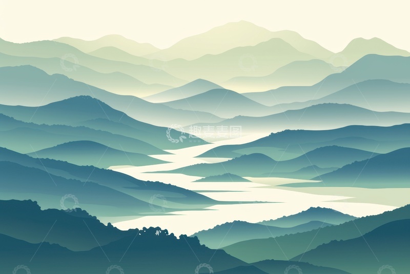高清大图下载【趣麦麦图】手绘水彩远山薄雾风景