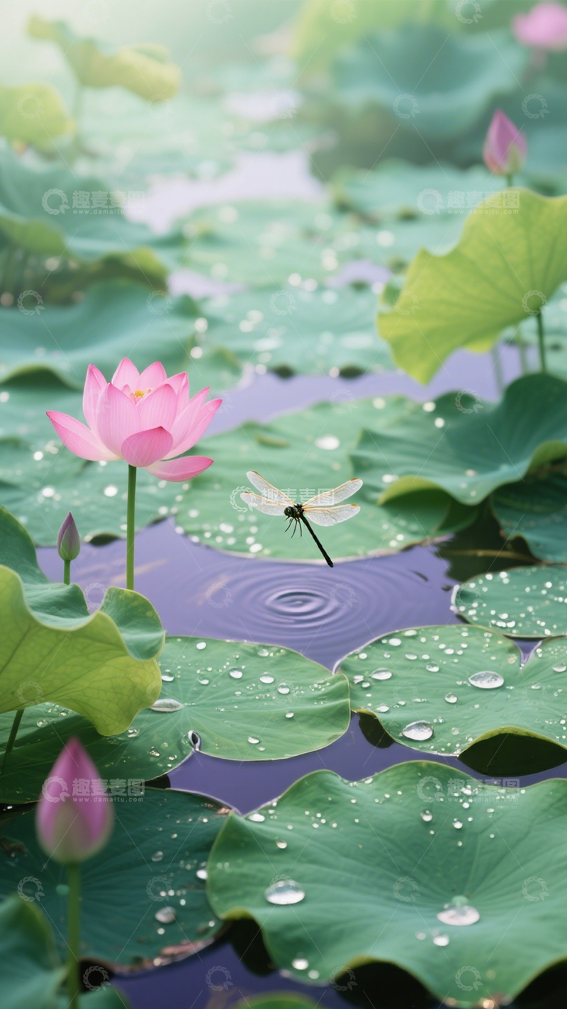 高清大图下载【趣麦麦图】荷花蜻蜓清新小景1