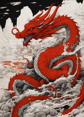 简约龙哥特风格黑白画风白黑红龙AI插画图5