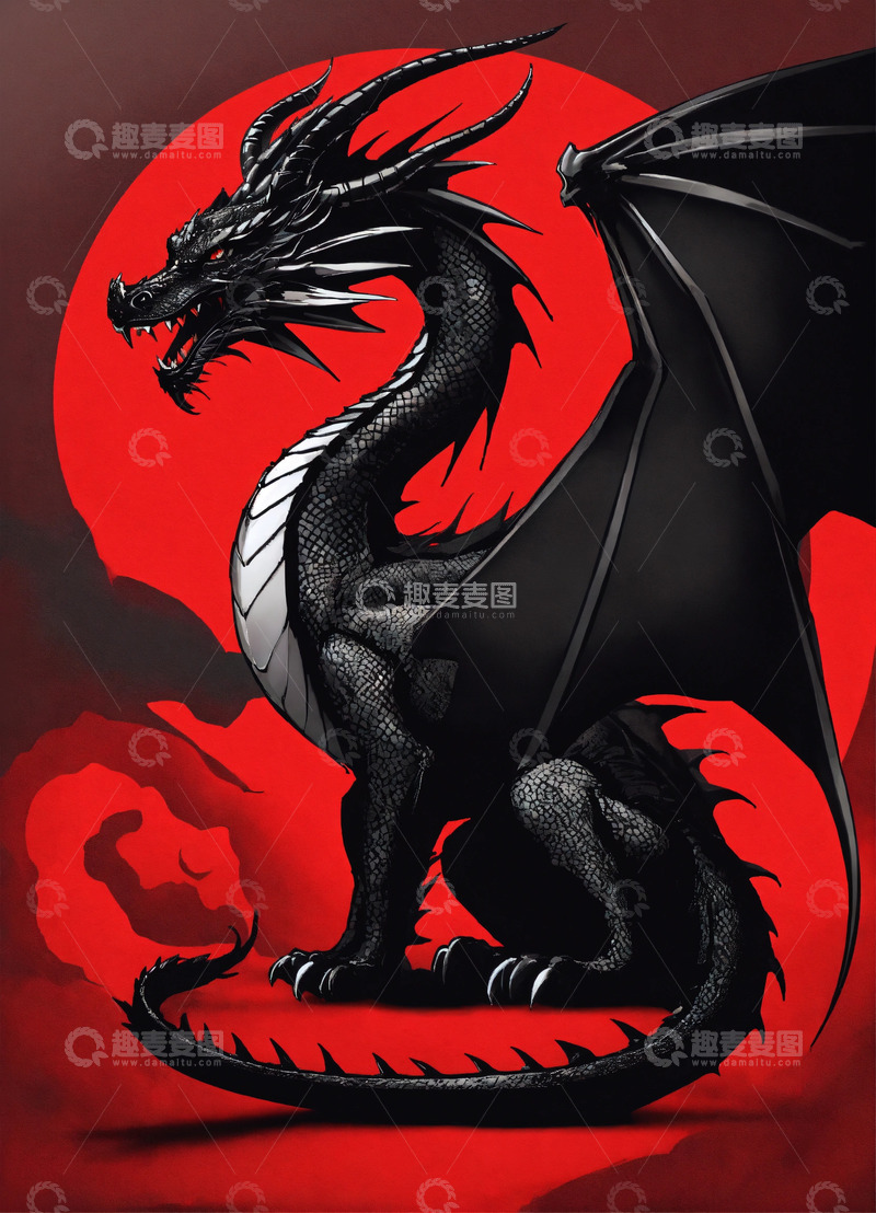 高清大图下载【趣麦麦图】龙之黑红，极简至极AI插画高清图片素材1