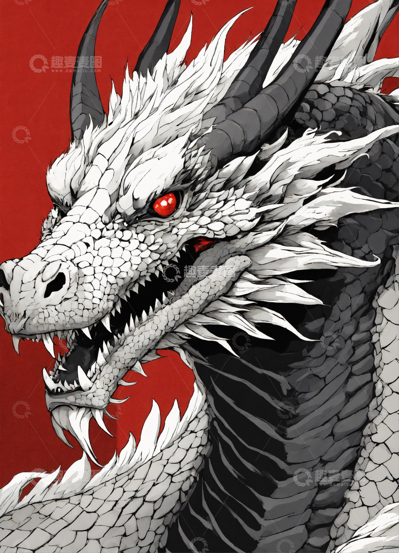高清大图下载【趣麦麦图】简约龙哥特风格黑白画风白黑红龙AI插画图3
