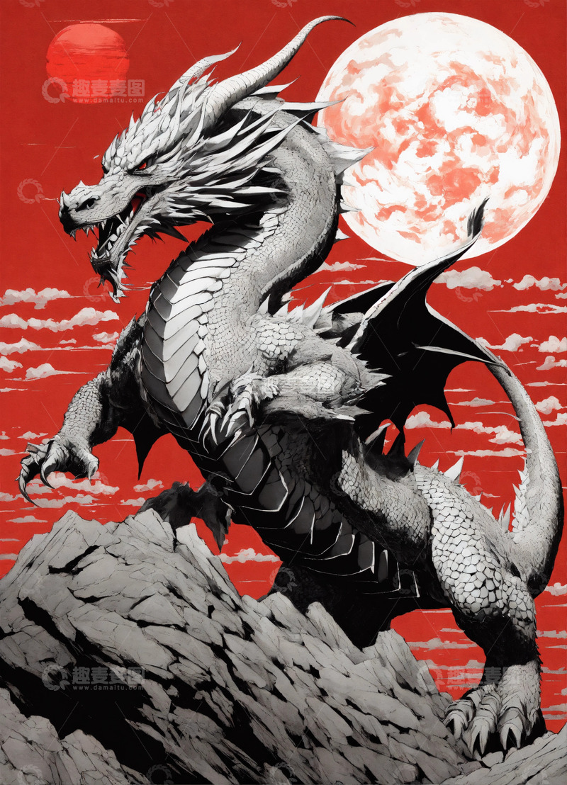 高清大图下载【趣麦麦图】简约龙哥特风格黑白画风白黑红龙AI插画图1