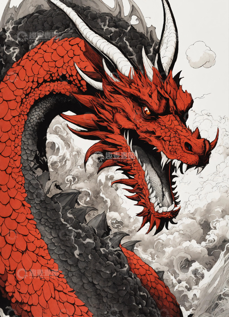 高清大图下载【趣麦麦图】简约龙哥特风格黑白画风白黑红龙AI插画图4