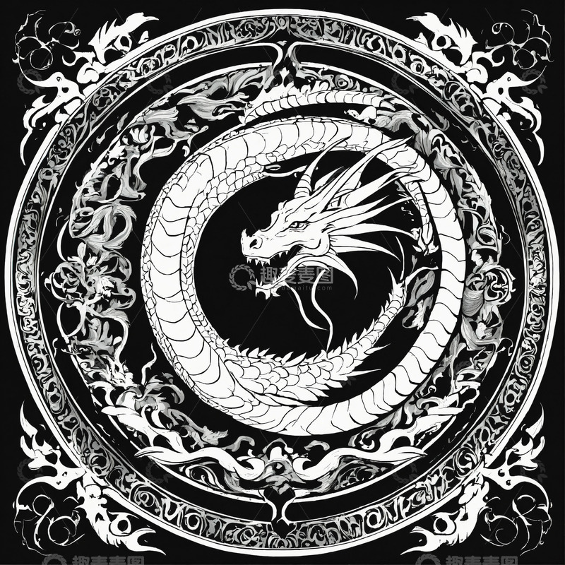 高清大图下载【趣麦麦图】简约龙尾装饰黑白风格AI插画高清图片素材3