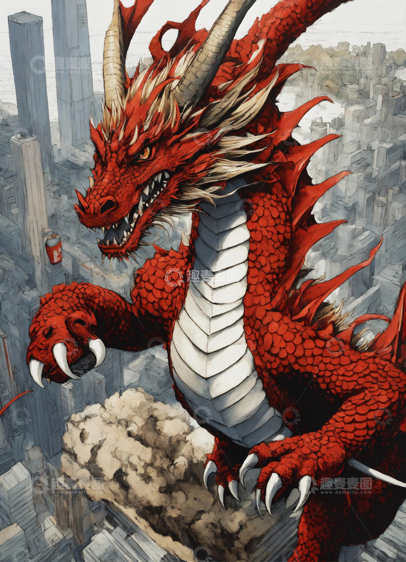 高清大图下载【趣麦麦图】简约龙哥特风格黑白画风白黑红龙AI插画图