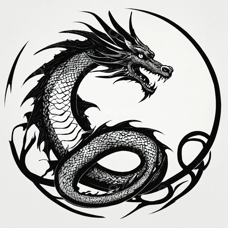 高清大图下载【趣麦麦图】简约风格龙尾环扣式黑白装饰图AI插画图片1