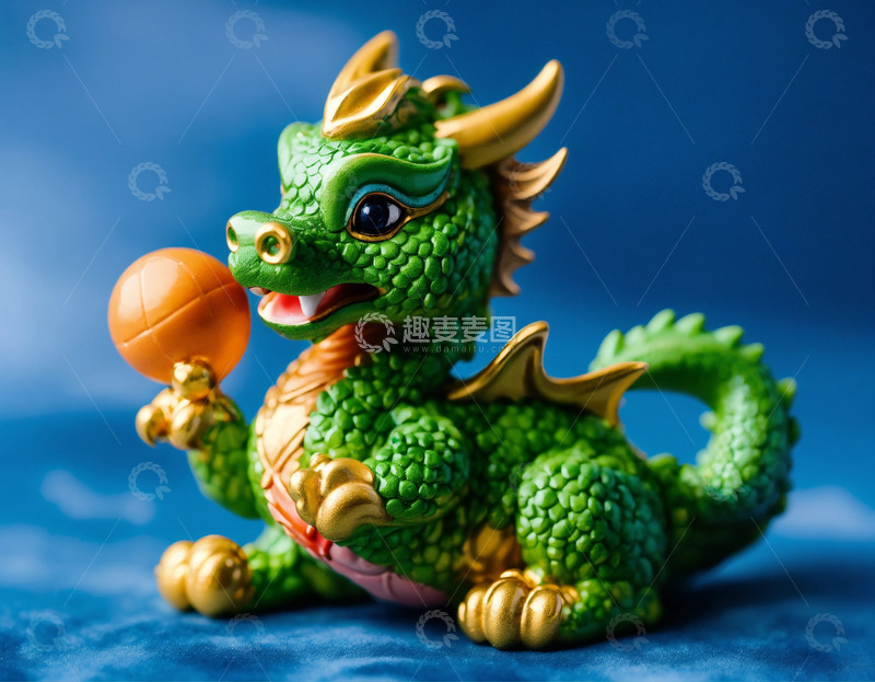 高清大图下载【趣麦麦图】绿漆十二生肖龙像蓝底特写AI插画高清图片8
