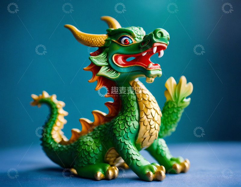 高清大图下载【趣麦麦图】绿漆十二生肖龙像蓝底特写AI插画高清图片2