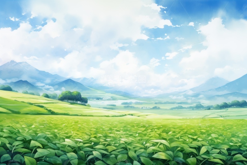 高清大图下载【趣麦麦图】卡通手绘茶田自然风景
