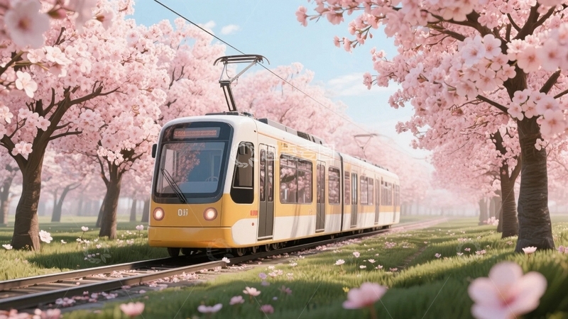 高清大图下载【趣麦麦图】樱花树下的浪漫电车之旅2