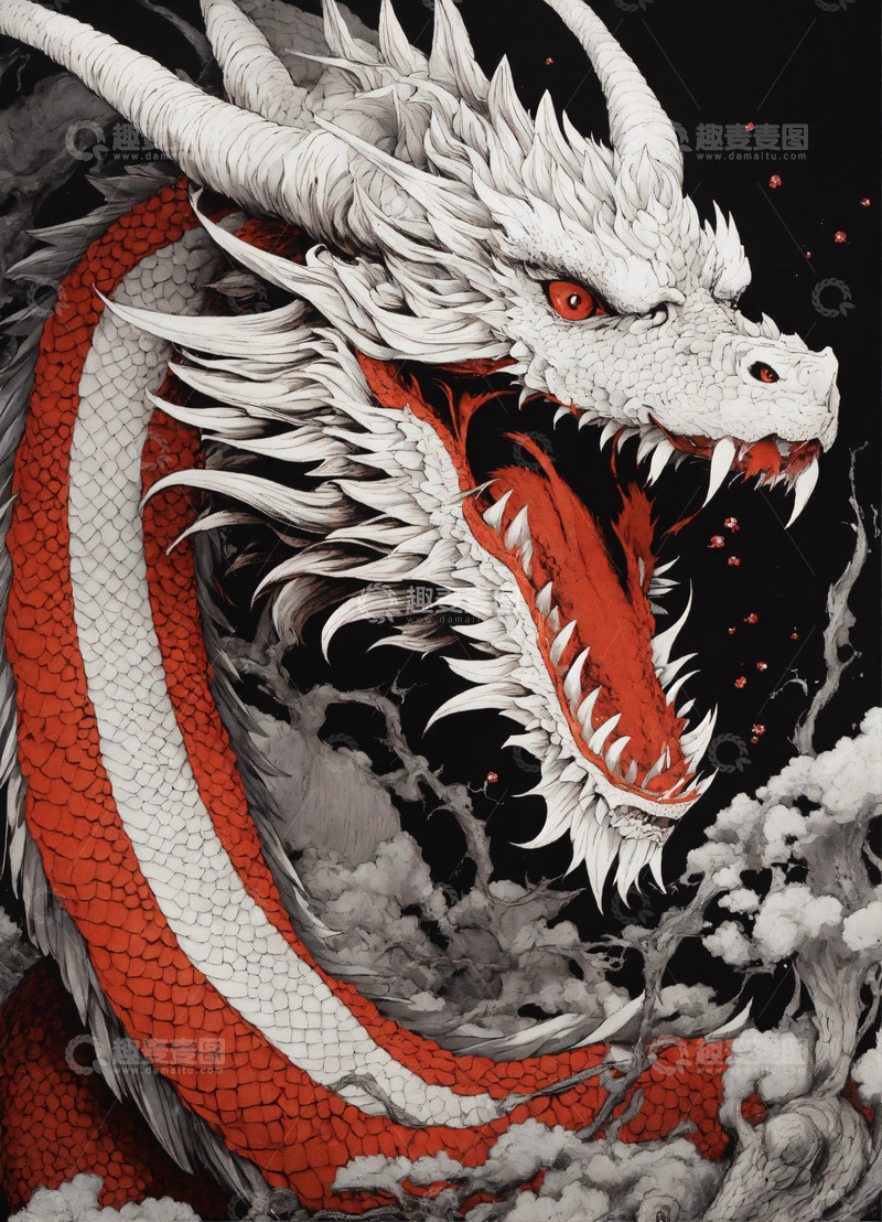 高清大图下载【趣麦麦图】简约龙哥特风格黑白画风白黑红龙AI插画图12