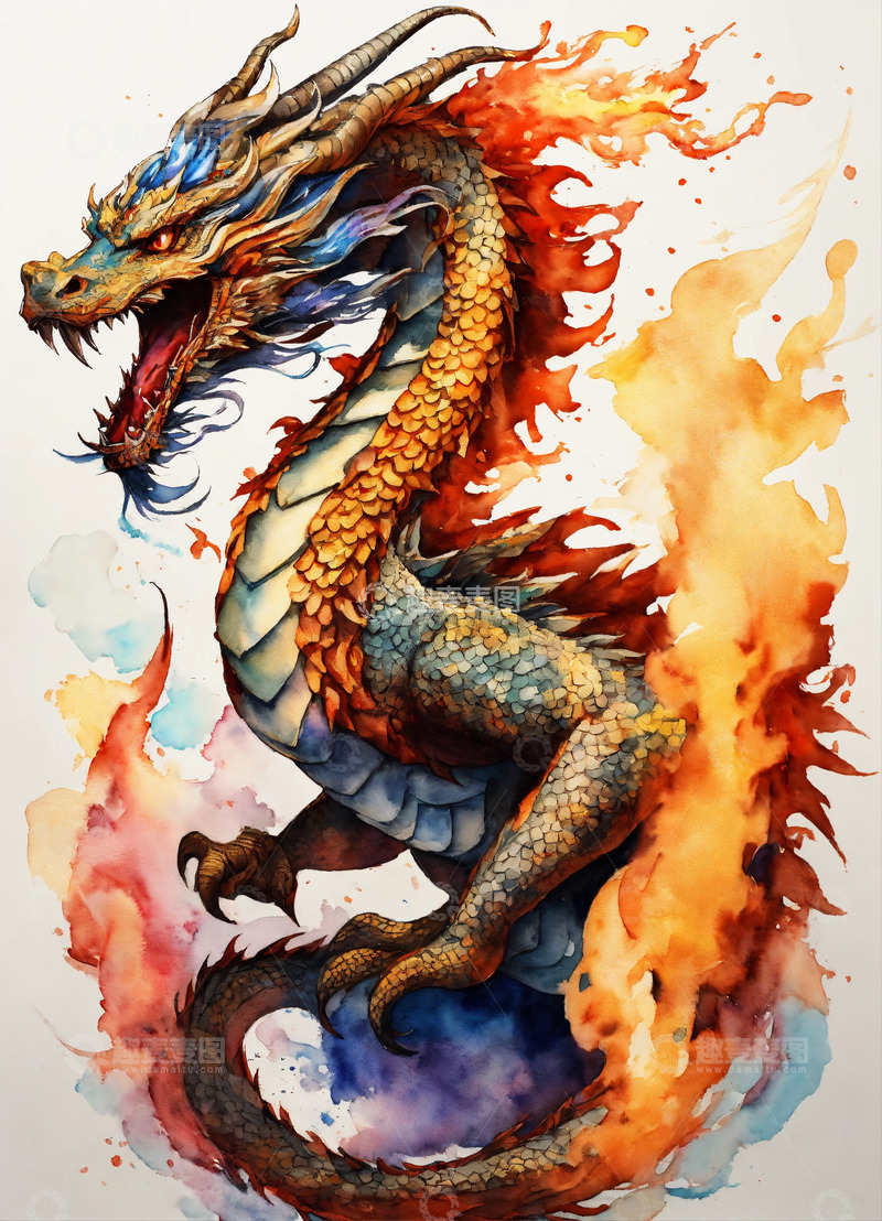 高清大图下载【趣麦麦图】东方喷火巨龙白底水墨画高对比色AI插画图