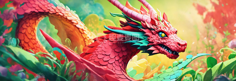 高清大图下载【趣麦麦图】吉卜力风奇幻彩龙粉彩质感水彩笔触AI插画