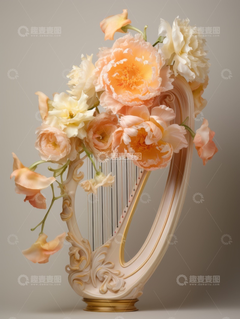 高清大图下载【趣麦麦图】鲜花装饰的竖琴