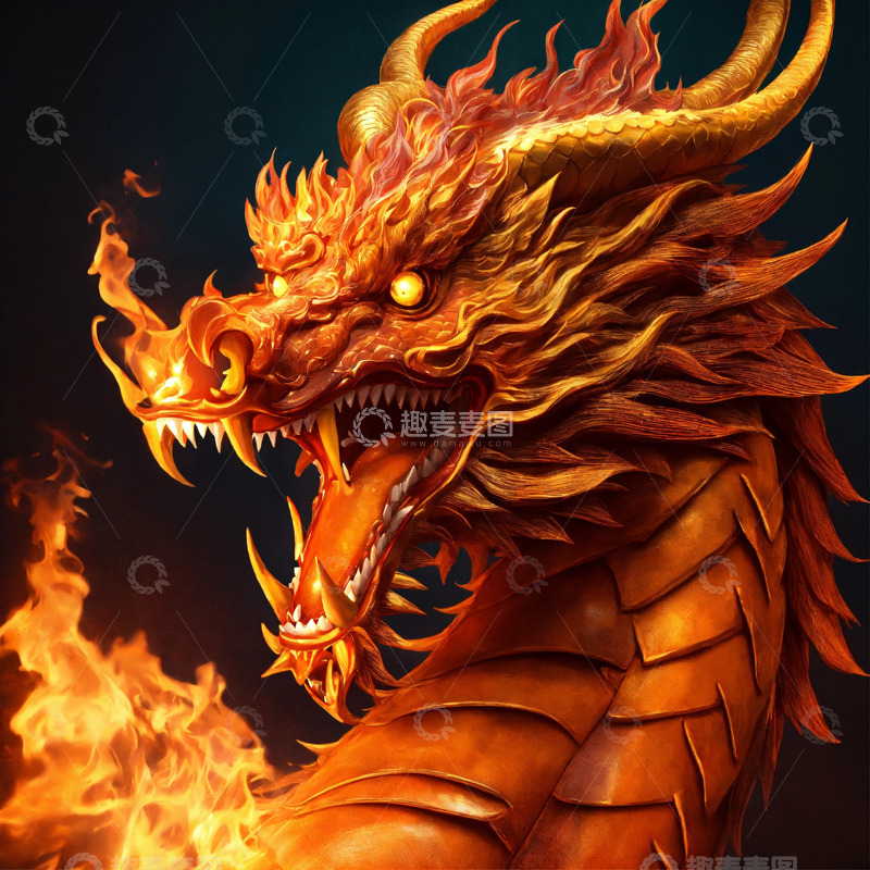 高清大图下载【趣麦麦图】橙龙吐焰AI插画高清图片素材1