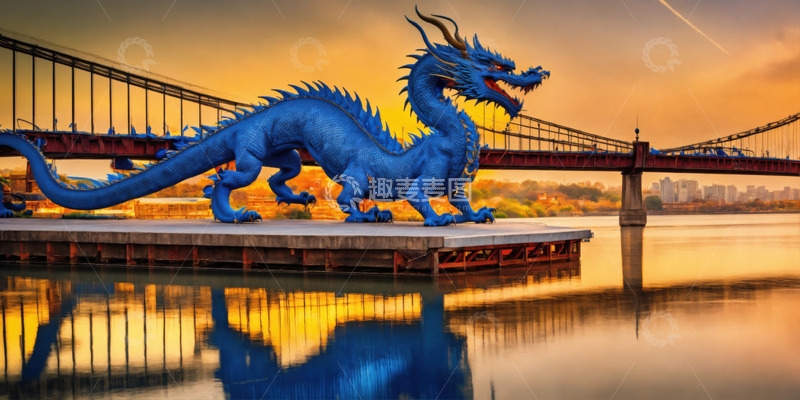高清大图下载【趣麦麦图】大蓝龙桥上AI插画高清图片素材1