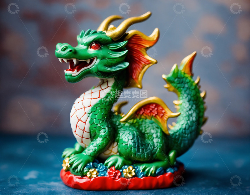 高清大图下载【趣麦麦图】绿漆十二生肖龙像蓝底特写AI插画高清图片23