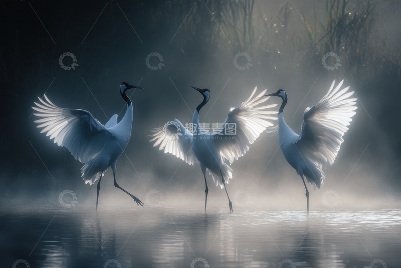高清大图下载【趣麦麦图】湖面上跳舞的丹顶鹤