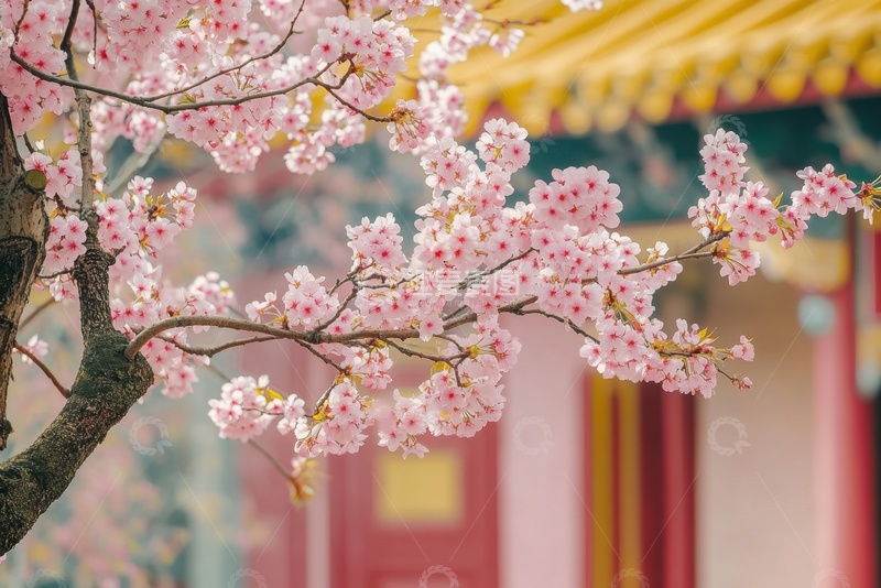 高清大图下载【趣麦麦图】樱花树和中式建筑