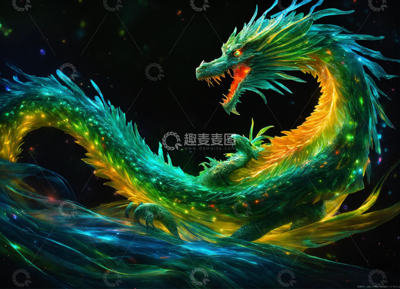 高清大图下载【趣麦麦图】绿蓝交织的抽象龙形AI插画高清图片素材3