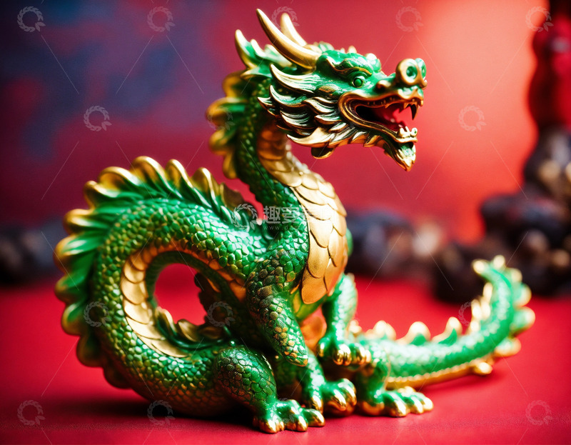 高清大图下载【趣麦麦图】绿漆十二生肖龙像蓝底特写AI插画高清图片2