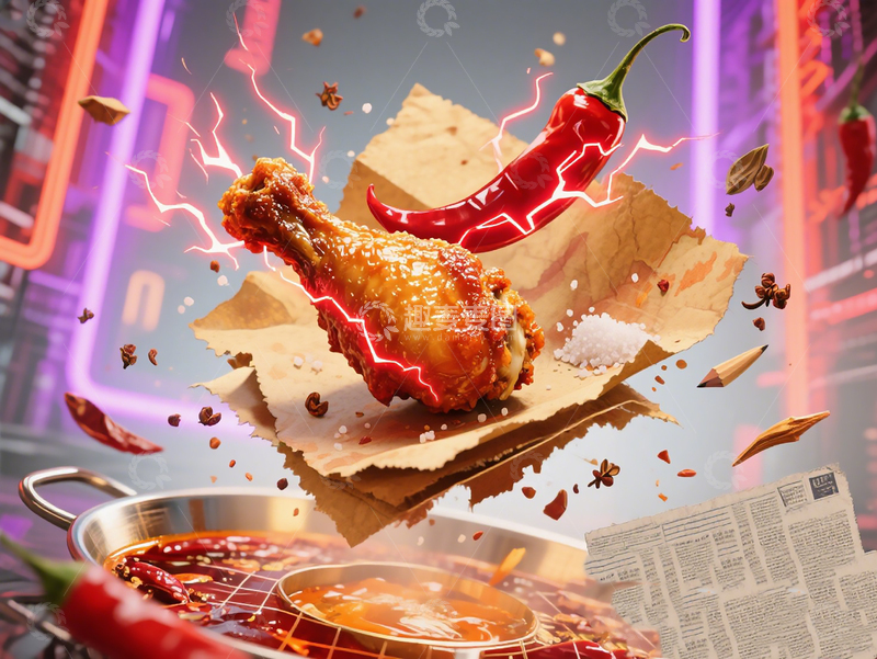 高清大图下载【趣麦麦图】麻辣爆脆翅根悬浮霓虹空间