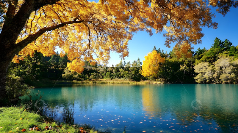 高清大图下载【趣麦麦图】秋冬黄叶树林湖泊风景41