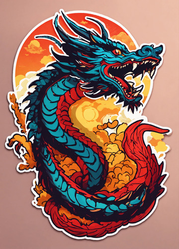 卡通凶猛神龙龙复古彩色白底3D贴纸AI插