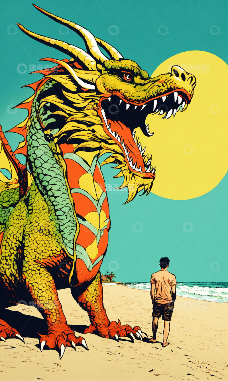 高清大图下载【趣麦麦图】年轻人亚龙佛罗里达波普AI插画高清图片素