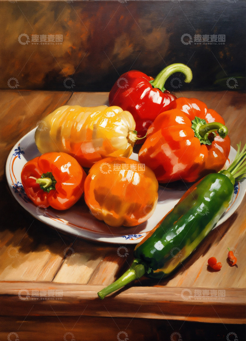 高清大图下载【趣麦麦图】静物油画胡萝卜辣椒洋葱木桌风格AI插画图22