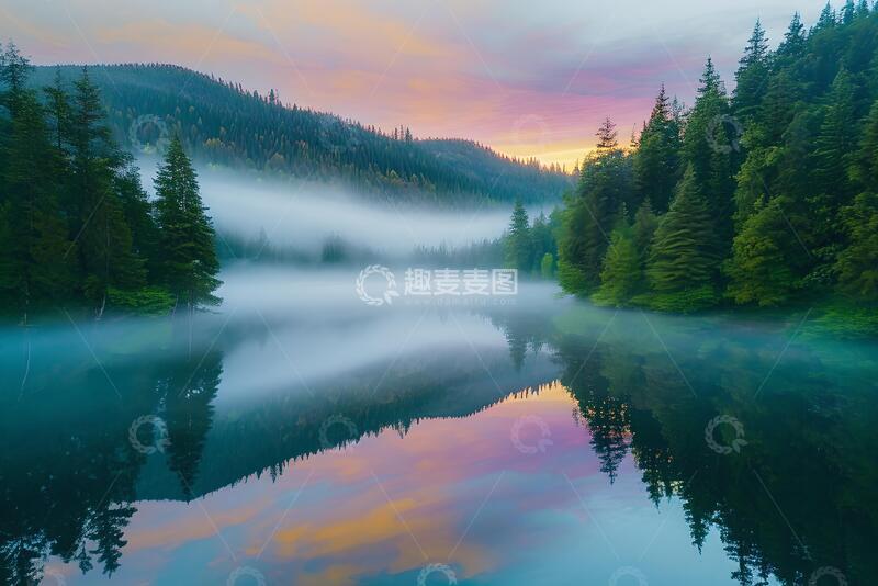 高清大图下载【趣麦麦图】晚霞水边山林湖泊光线