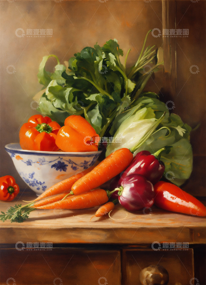 高清大图下载【趣麦麦图】静物油画胡萝卜辣椒洋葱木桌风格AI插画图32