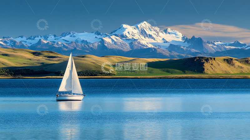 高清大图下载【趣麦麦图】雪山下的湖泊帆船3