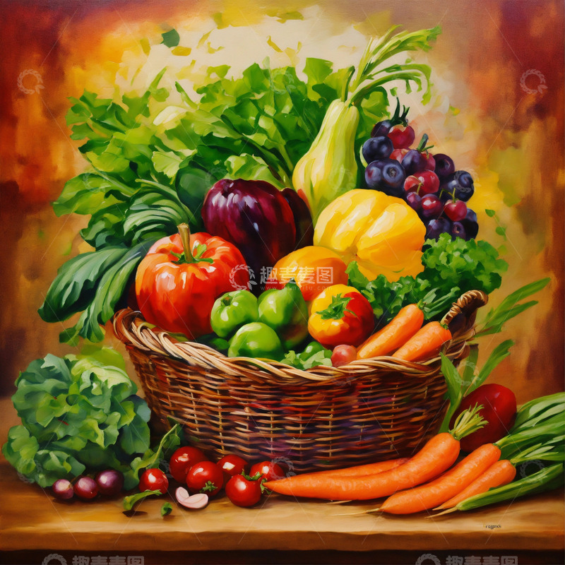 高清大图下载【趣麦麦图】静物油画胡萝卜辣椒洋葱木桌风格AI插画图11