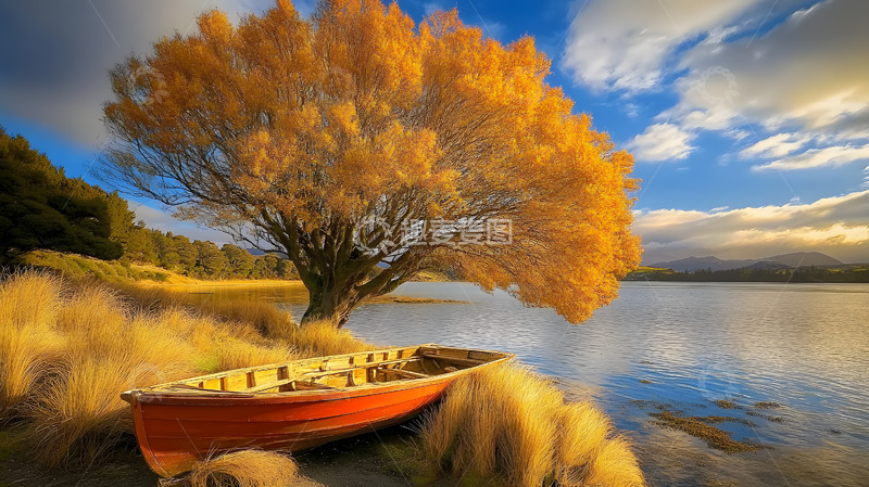 高清大图下载【趣麦麦图】秋季平静湖面旁的小舟风景1