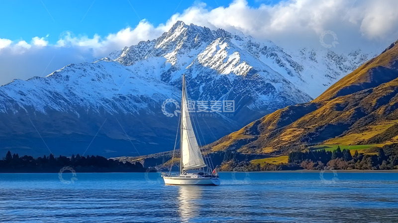 高清大图下载【趣麦麦图】雪山下的湖泊帆船1