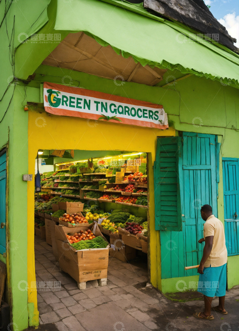 高清大图下载【趣麦麦图】牙买加风味果蔬店AI插画高清图片素材