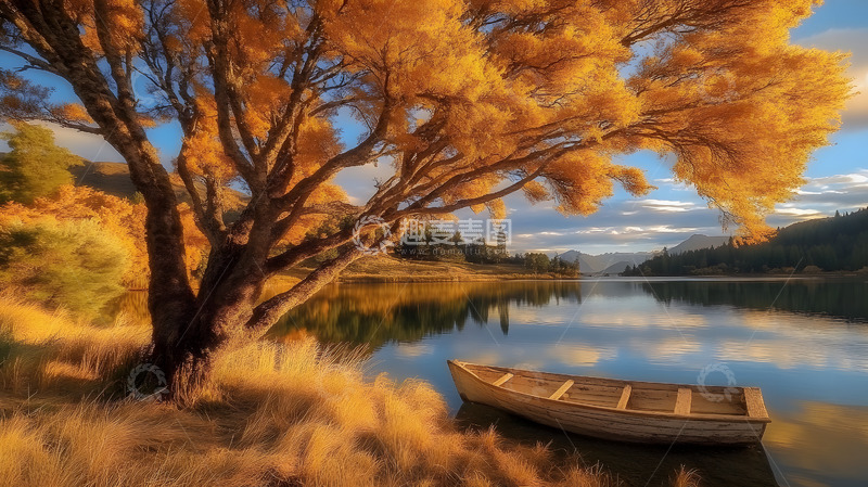 高清大图下载【趣麦麦图】秋季平静湖面旁的小舟风景2