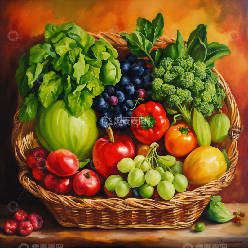 高清大图下载【趣麦麦图】静物油画胡萝卜辣椒洋葱木桌风格AI插画图31