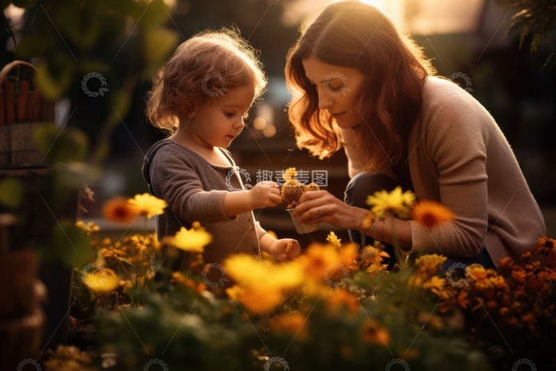 高清大图下载【趣麦麦图】母亲和小孩一起种花